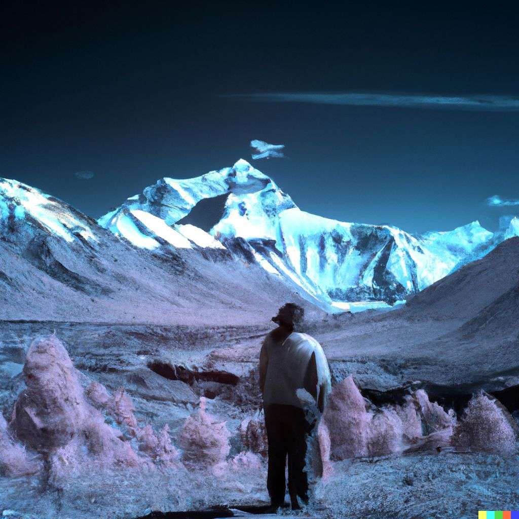 someone gazing at Mount Everest, photograph, infrared